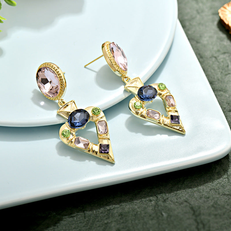 Wholesale spades love retro color crystal heart earrings ACC-ES-Jiuj004