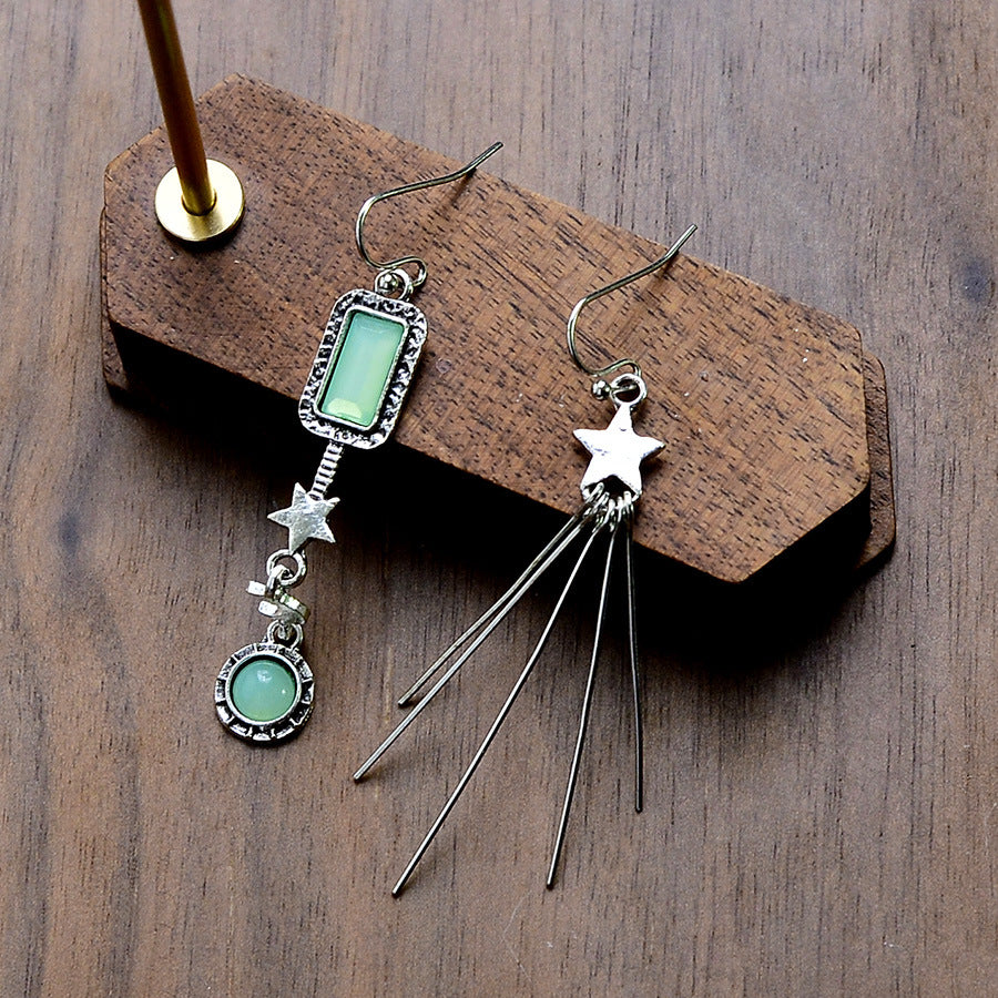 Wholesale Vintage Long Earrings With Star and Moon Motifs and Gemstone Tassels