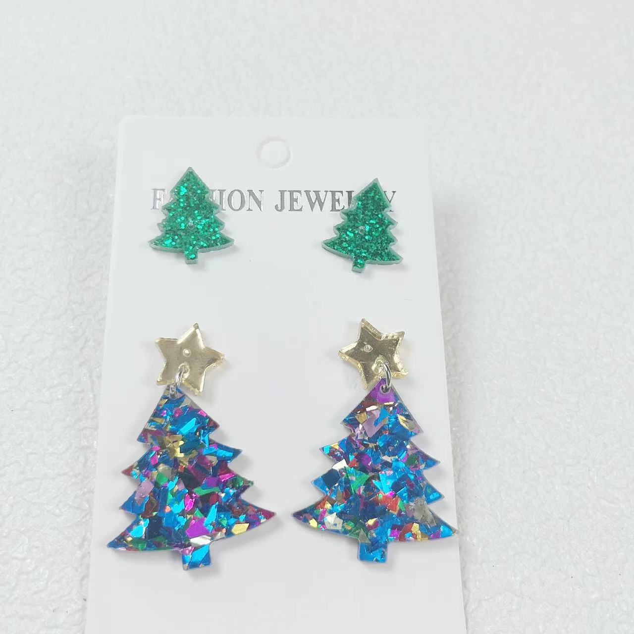 Wholesale Christmas Checkered Leopard Christmas Tree Print Acrylic Earrings Set ACC-ES-AnDao036