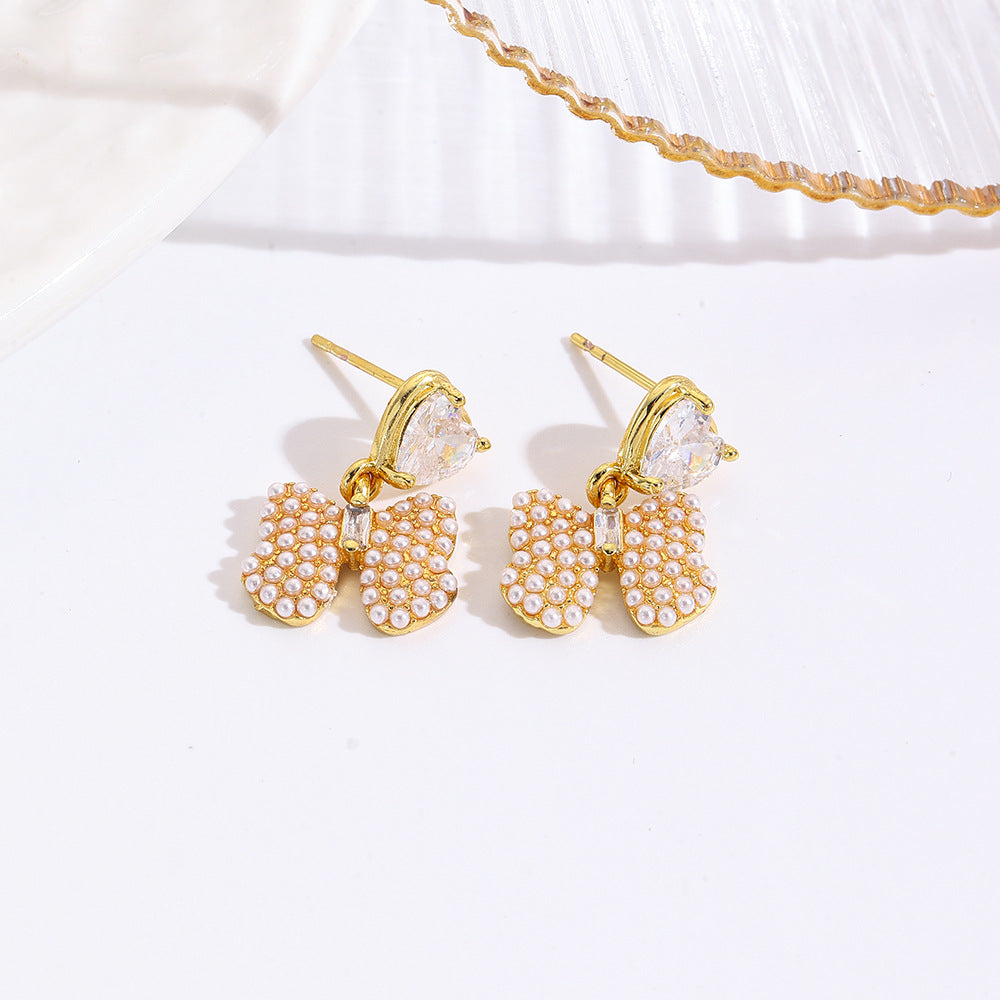 Wholesale Micro-Paved Zircon  Pearl Bow Earrings