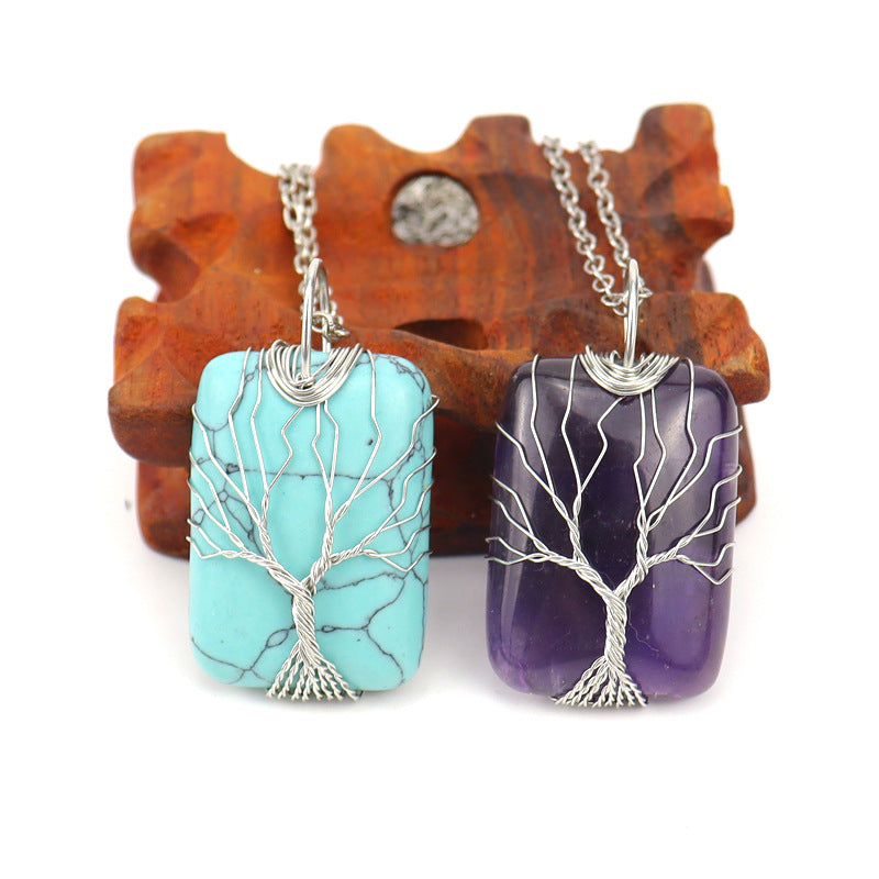 Wholesale Handmade Wire Wrapped Rectangular Tree Of Life Pendant Necklace Natural White Crystal Agate Jewelry Accessory For Resale