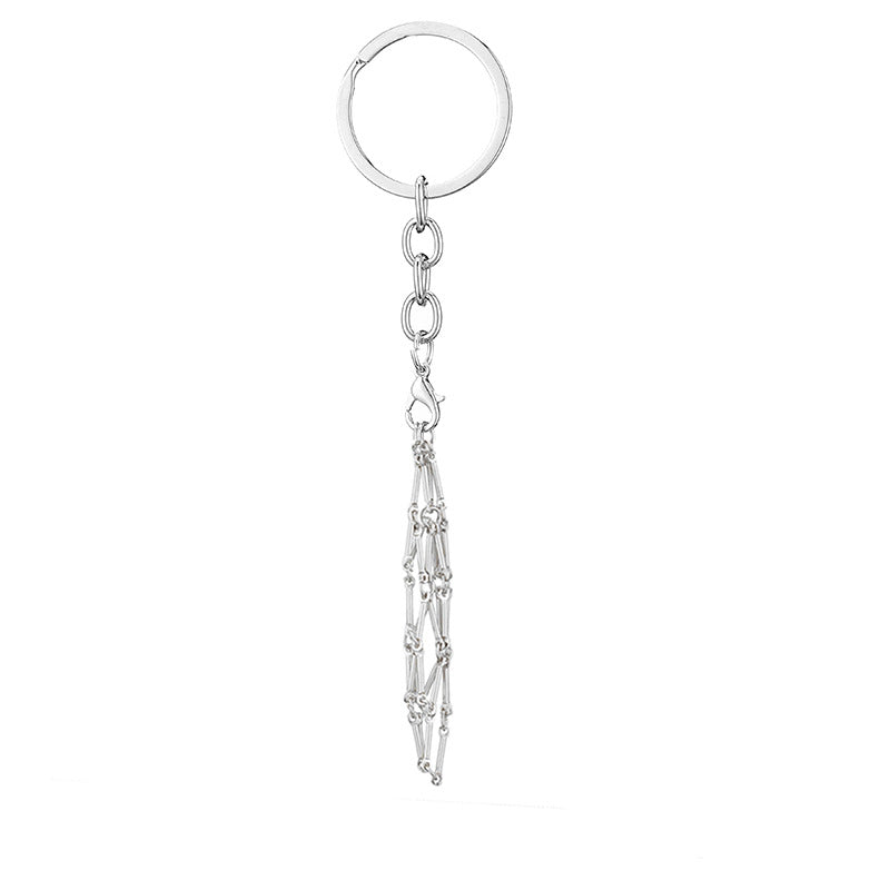 Wholesale Natural Stone Woven Keychain Pendant Stainless Steel Bamboo Chain Crystal Mesh Bag ACC-KC-XingYue001