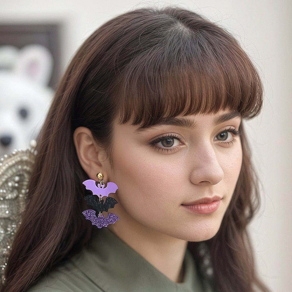 Wholesale  Halloween Acrylic Purple and Black Three Bats Acrylic Earrings