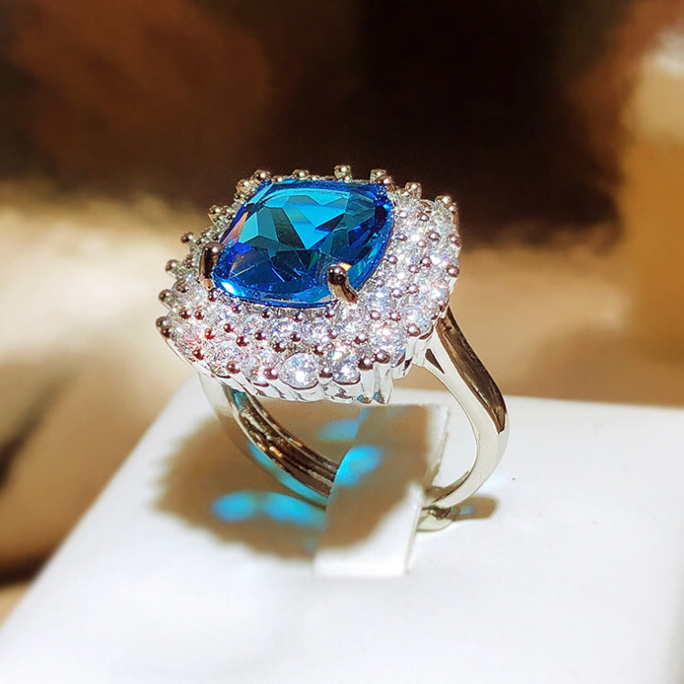 Wholesale  full diamond sapphire light luxury sea blue zircon female ring