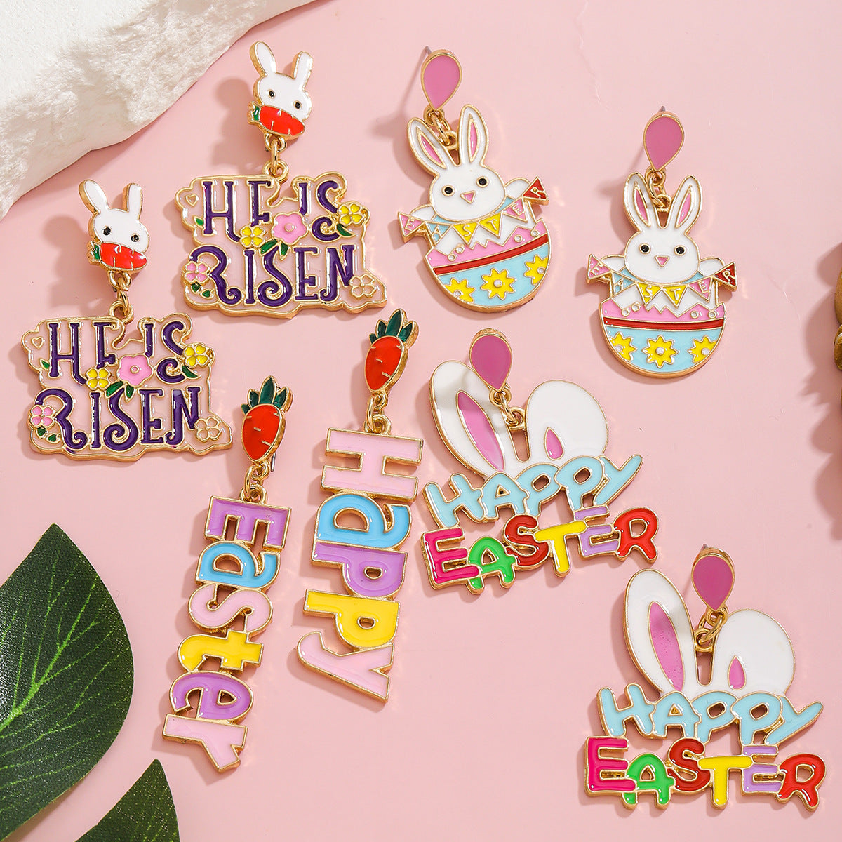 Wholesale Cute Easter Bunny Ear Dangle Earrings with Happy Lettering and Enamel Finish