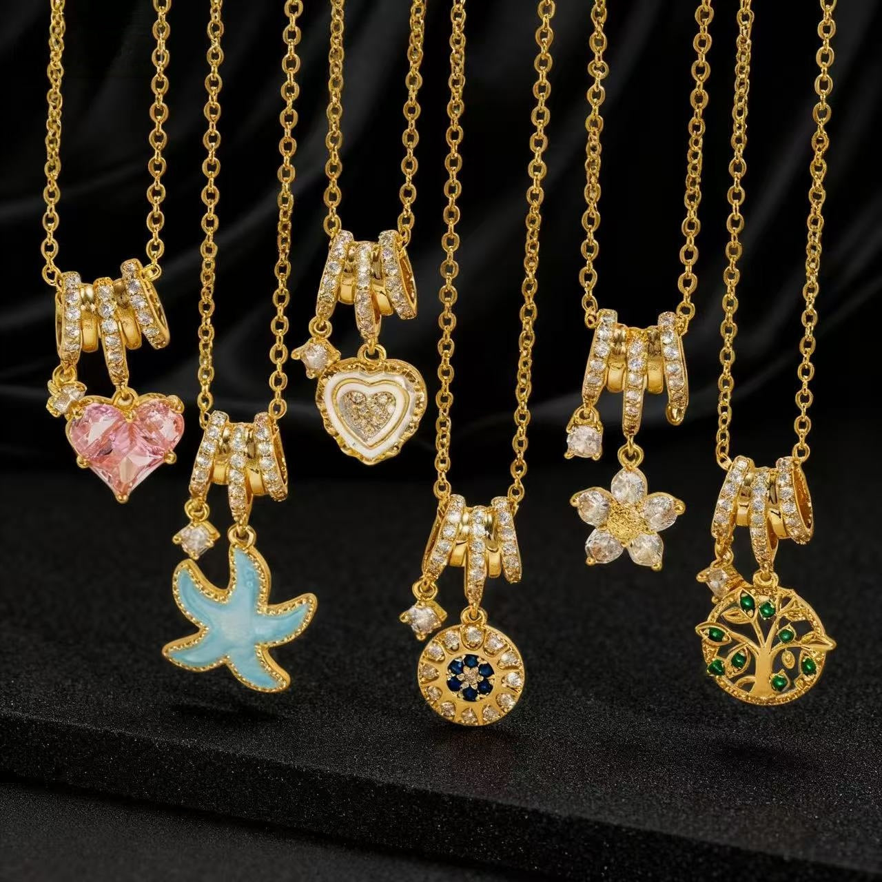 Wholesale Boutique Heart Flower Pendant Necklace Set Colorful Zircon Copper Jewelry Gift