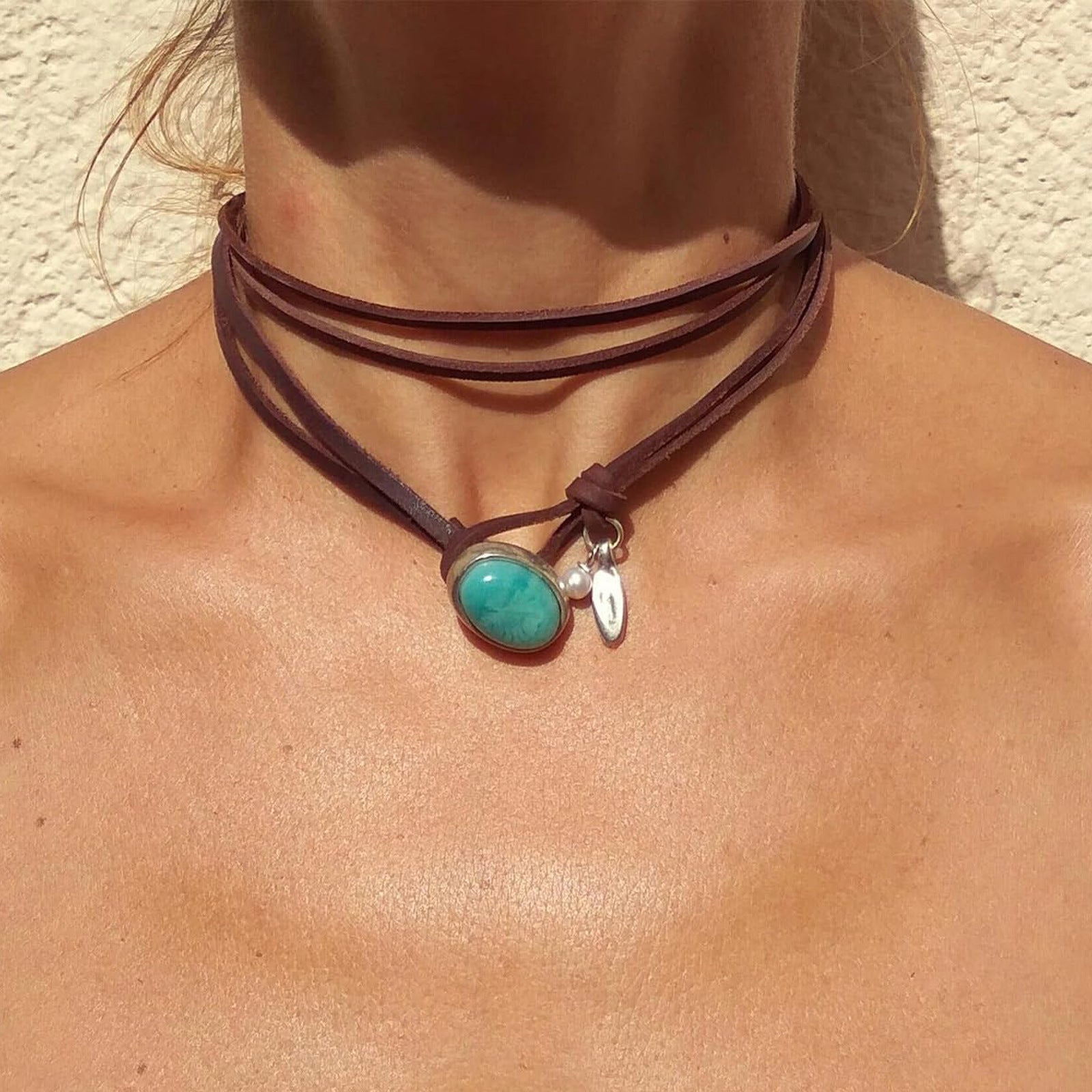 Wholesale Artificial Leather Bohemian Turquoise Layered Stacking Necklace Retro Geometric Pendant Jewelry Accessory