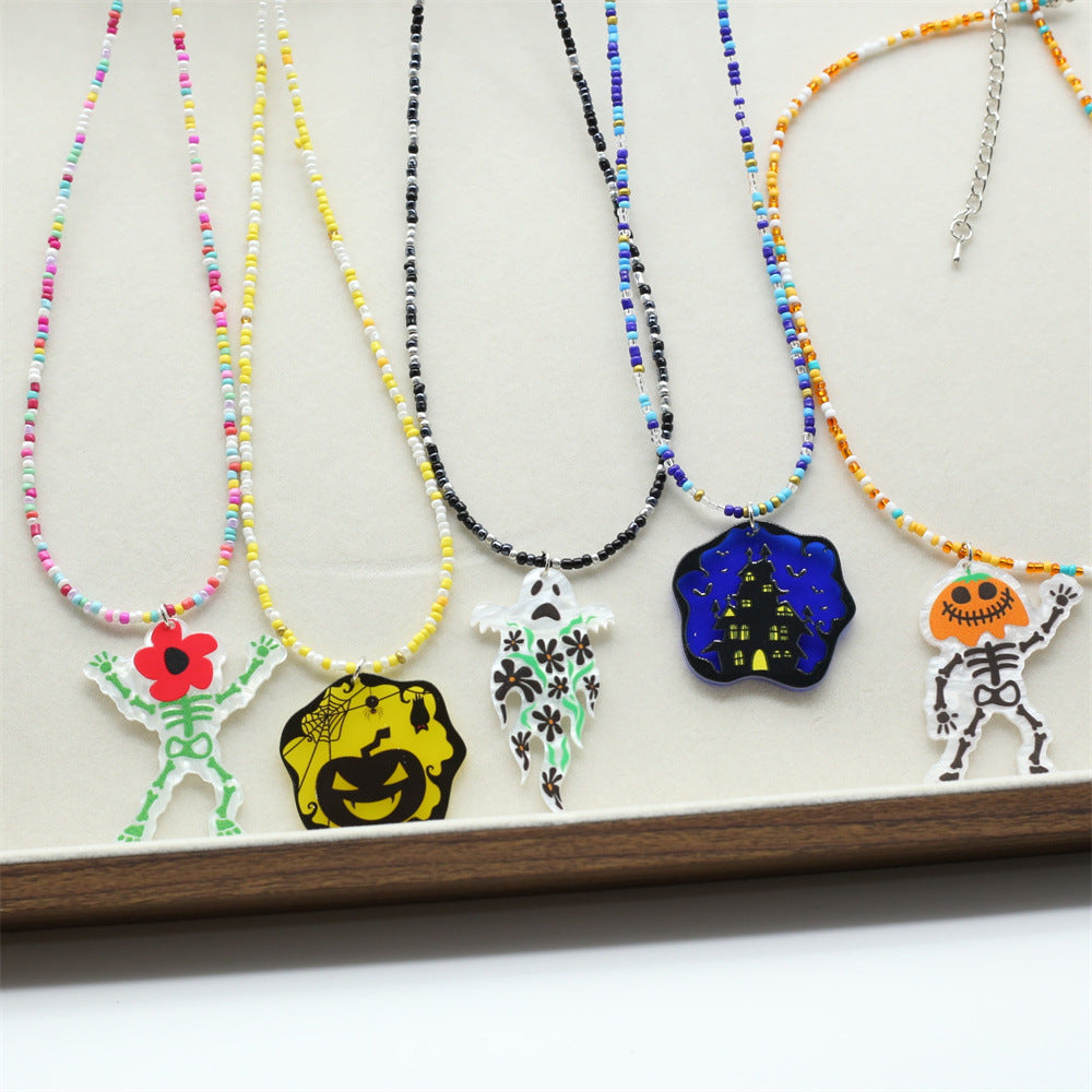Wholesale  Halloween Funny Ghost Cartoon Cute Pumpkin Pendant  Rice Bead Necklace