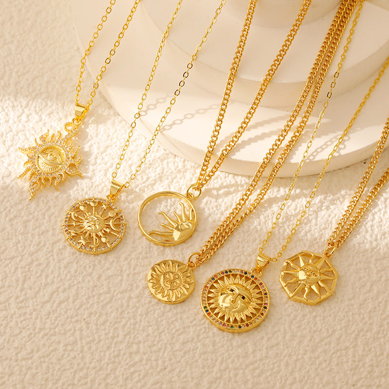 Wholesale Stainless steel  Sun Pendant Sun Star Hollow Color Zirconium Tarot Niche Fashion Necklace