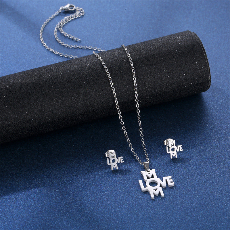 Wholesale Titanium Steel LOVE MOM Pendant Stainless Steel Earrings Necklace Set Mother's Day ACC-ES-MinM017
