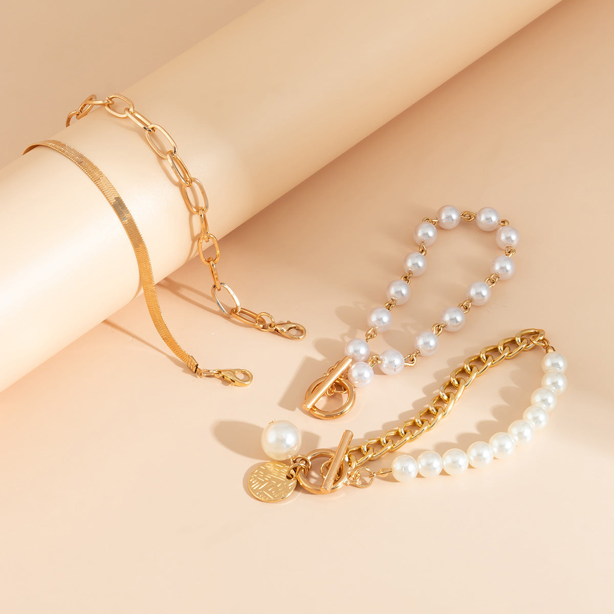 Wholesale Trendy Pearl Multi-Layer Bracelet Set Gold OT Clasp Jewelry Accessory
