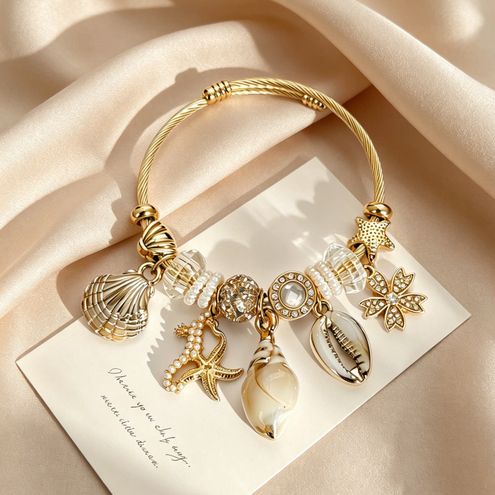 Wholesale Beach Style Stainless Steel Gold Shell Starfish Bracelet For Women Summer Vacation Jewelry Gift