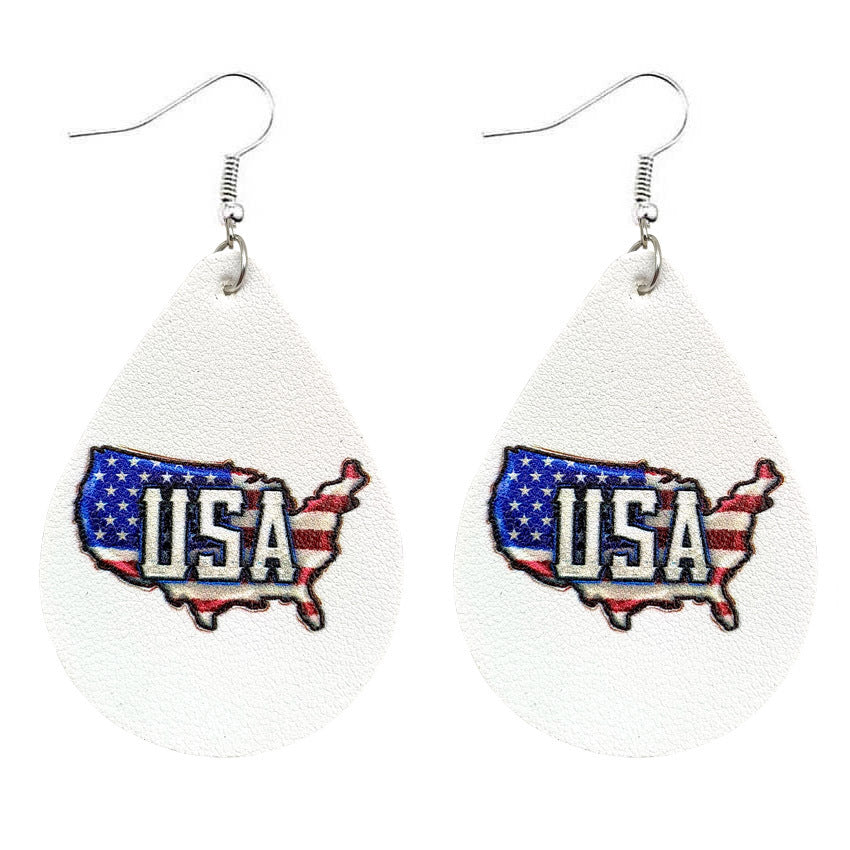 Wholesale American Independence Day Texas Map Arrow Striped Five Pointed Star PU Leather Drop Shape Earrings