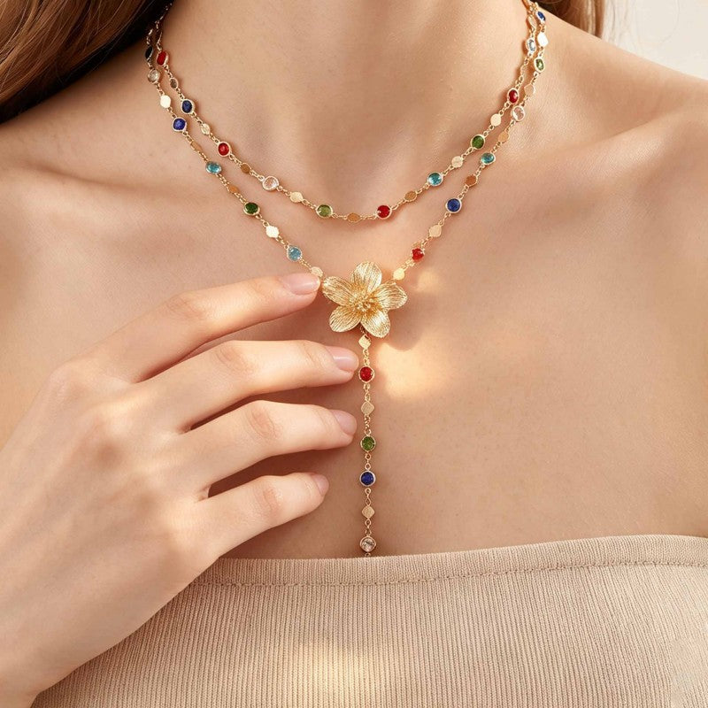 Wholesale Fashion Flower Tassel Layered Necklace Set Chic French Style Collarbone Chain Alloy Electroplated Jewelry Accessory For Party Gift