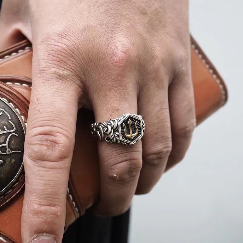 Wholesale Retro European and American Style Sea God Style Ocean Trident Ring Men' s Personalized Neptune Battle Ring Opening Adjustable