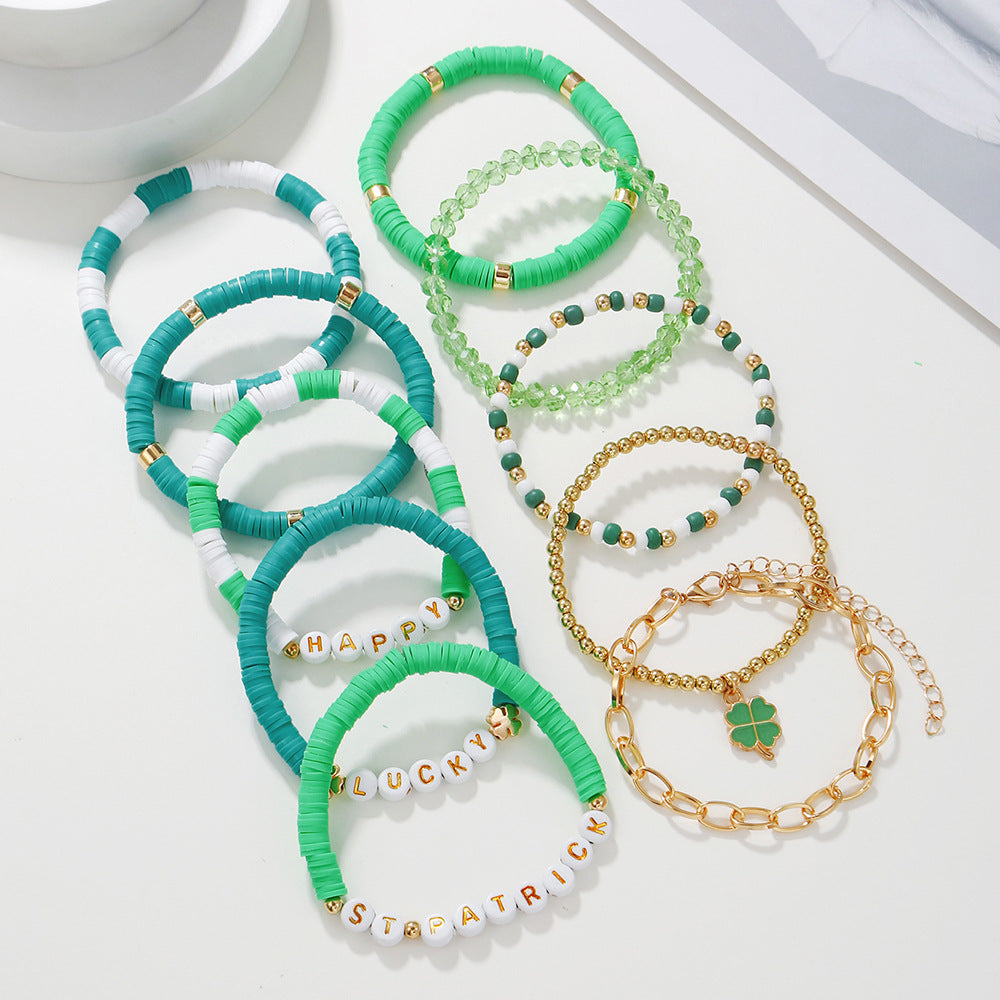 Wholesale St Patrick's Day  green four-leaf clover pendant  bracelet suit