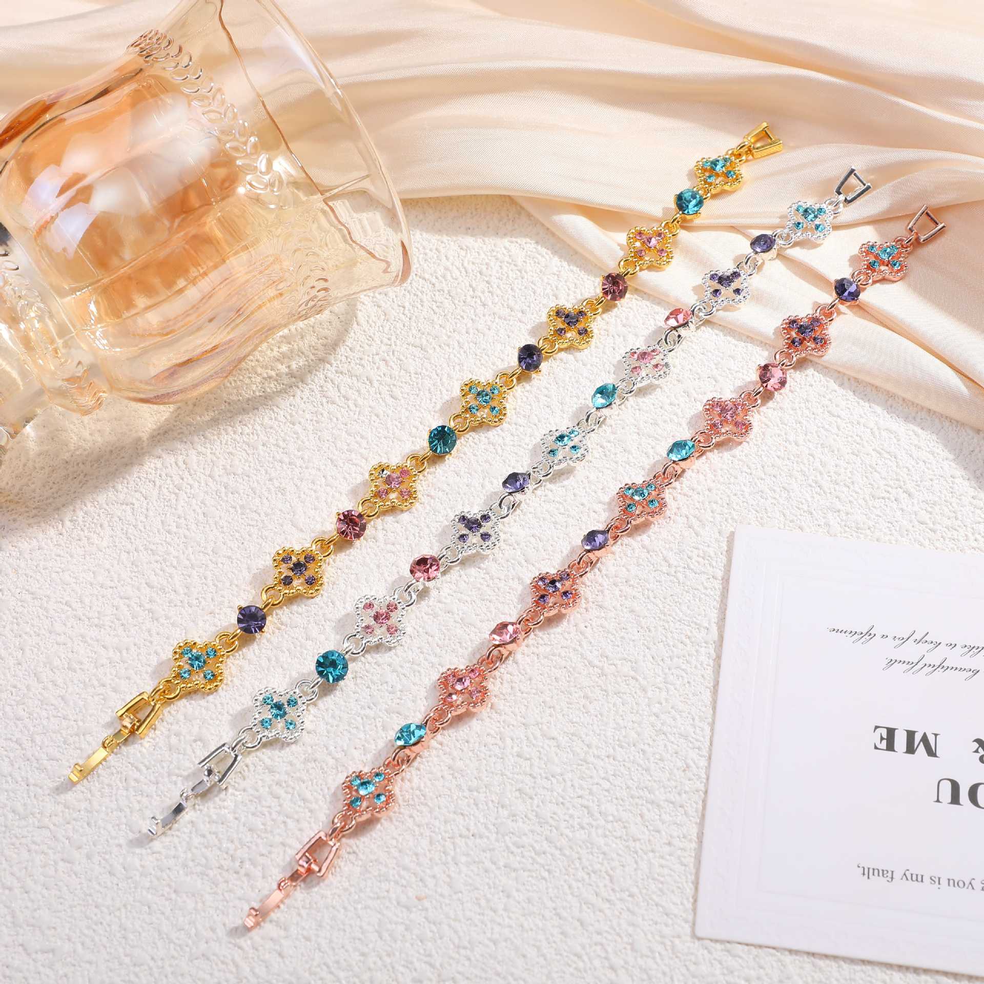 Wholesale Cross-Border New Style Light Luxury High-End Design Copper Bracelet with Diamonds and Colorful Four-Leaf Clover,  European and American Fashion Versatile Bracelet