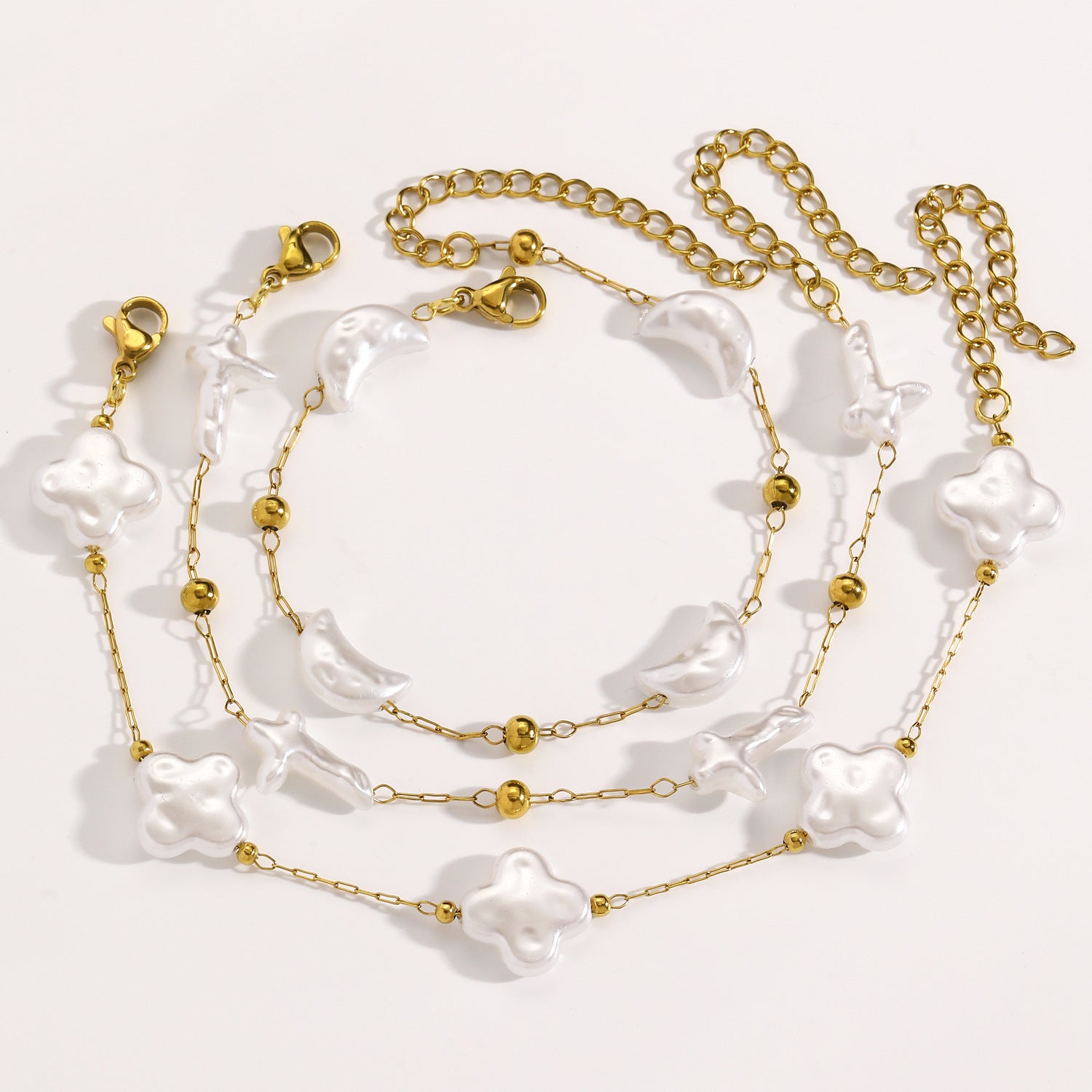 Wholesale Trendy Cloud Moon Cross Star Pearl Layered Bracelet Stainless Steel Fashion Accessory For Women Gift Boutique Resale
