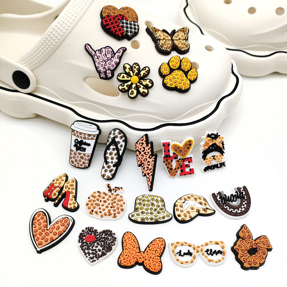 Wholesale 10pcs Leopard Print Coffee Cup Dog Claw Love PVC Soft Adhesive Hole Shoes Buckles ACC-SC-WanX002