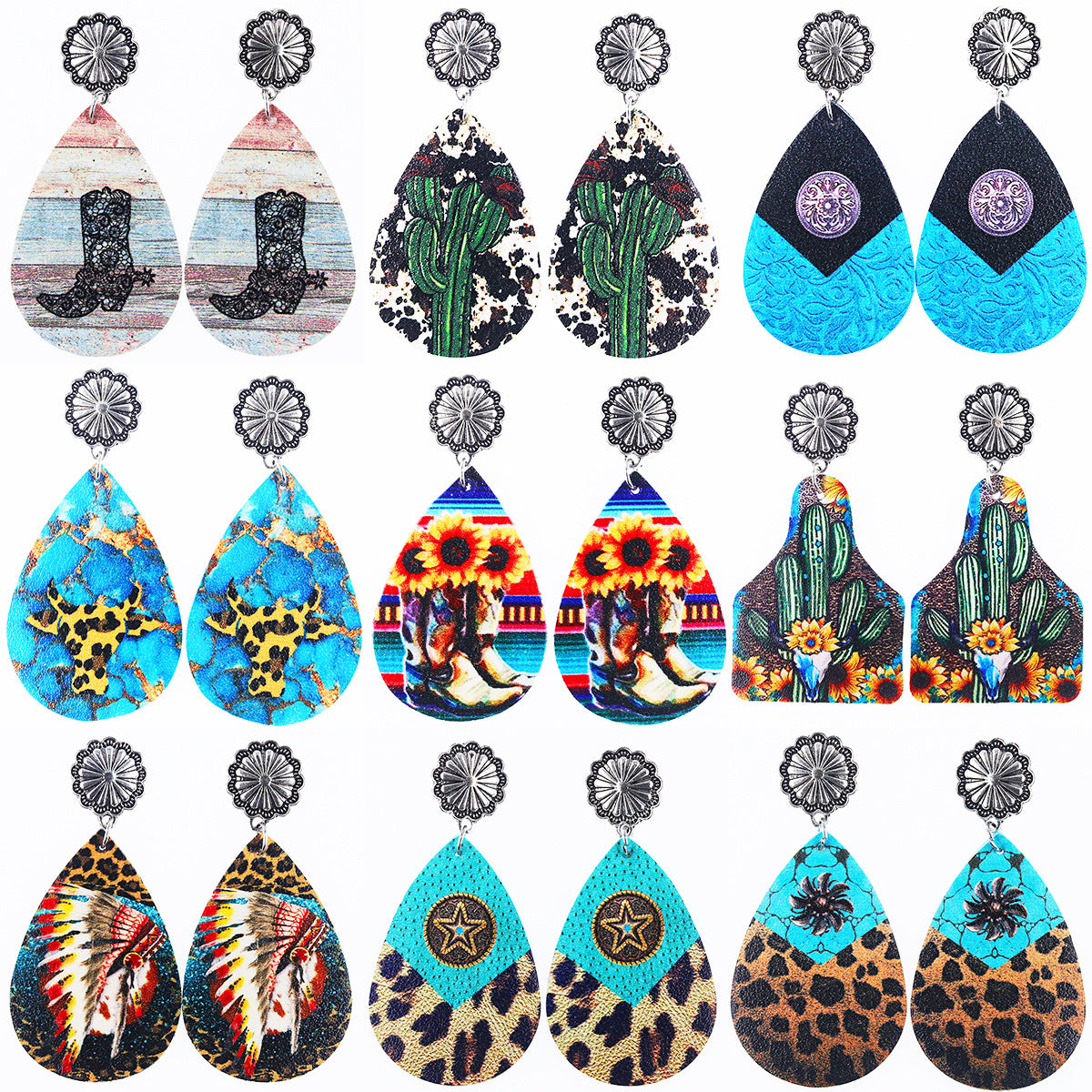 Wholesale Western Denim distressed cowboy boots cactus leather earrings