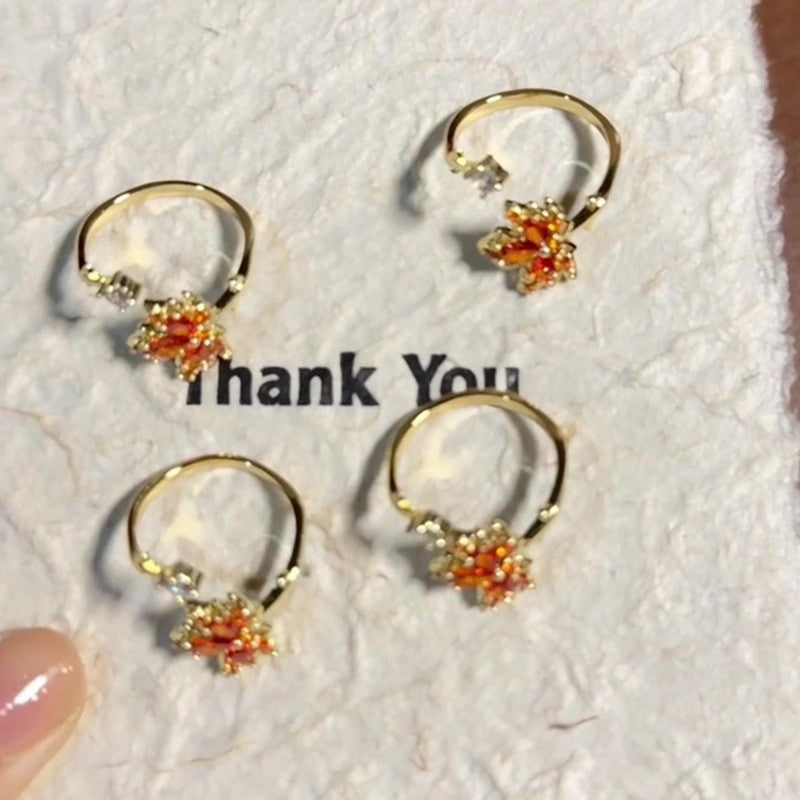Wholesale  Retro Red Zircon Maple Leaf Ring