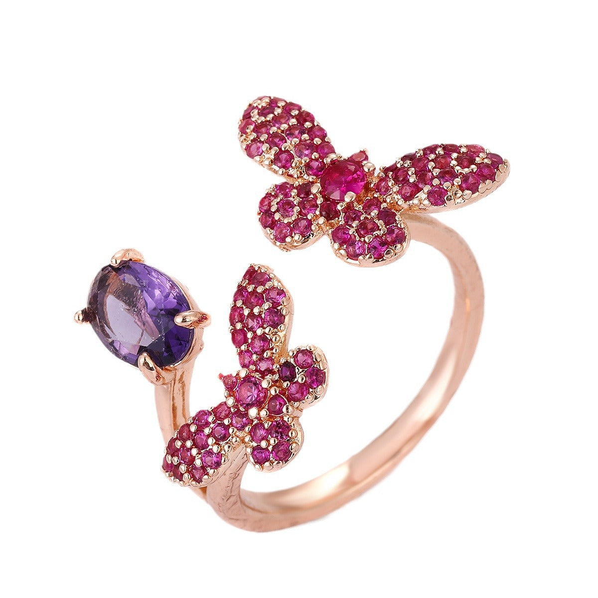 Wholesale Butterfly copper open inlaid zircon ring Adjustable rings