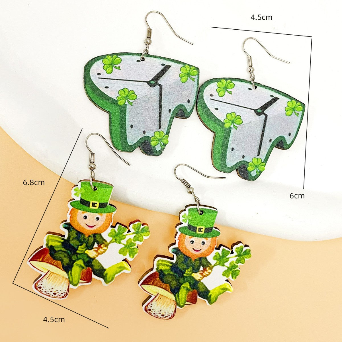 Wholesale St. Patrick's Day Four Leaf Clover Clock Green Cartoon Earring Set