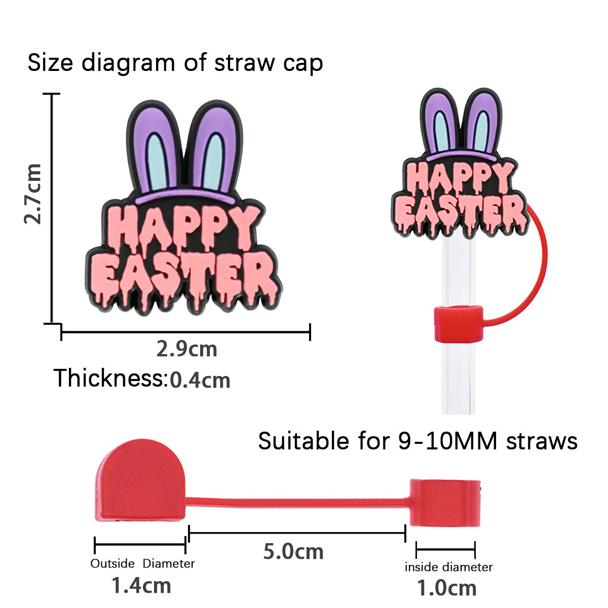Wholesale Random 50pcs Easter Cute Bunny 10mm PVC Soft Straw Tube Cap