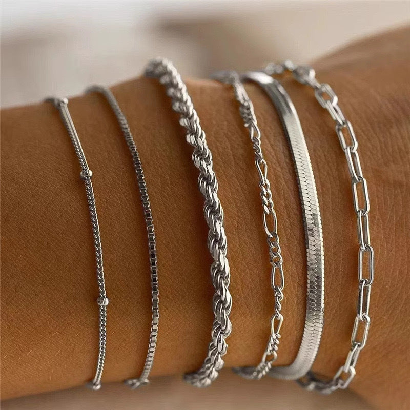 Wholesale 6Pcs Boho Minimalist Multi Layer Chain Bracelets For Women Electroplated Zinc Alloy Fashion Jewelry Accessory Great For Gift