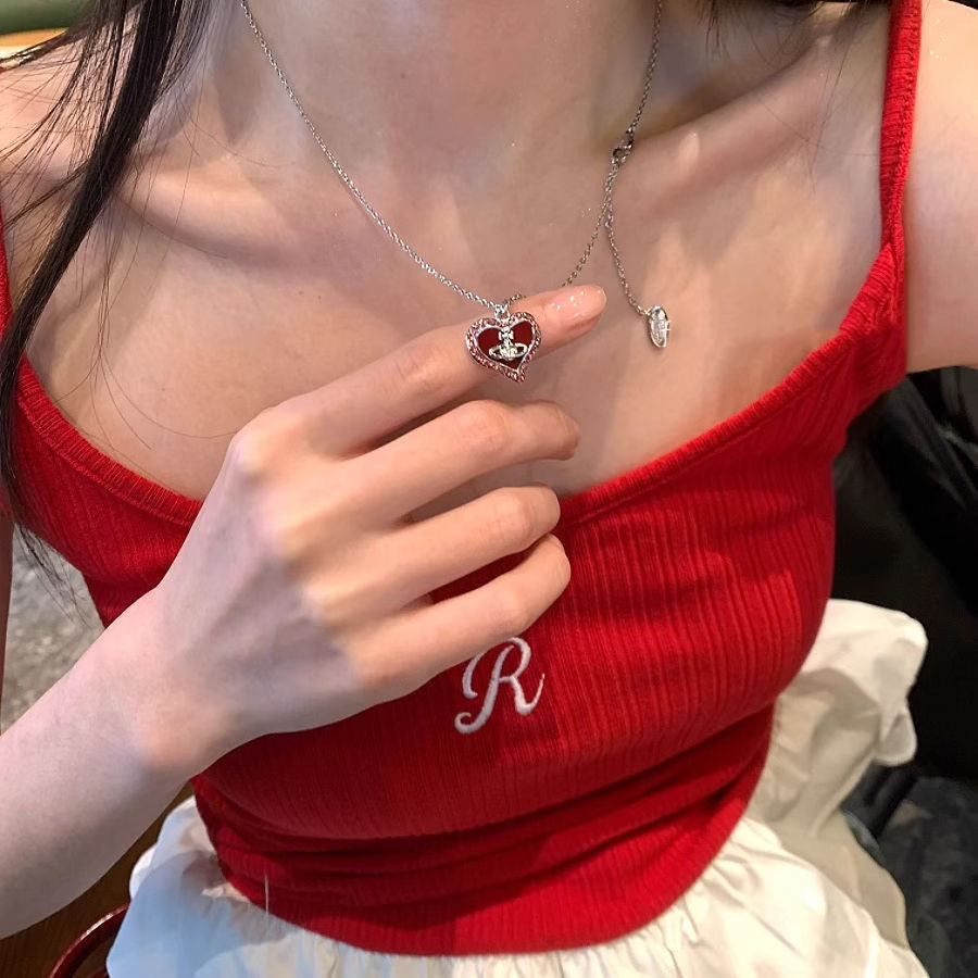 Wholesale New Niche Pink Heart Saturn Necklace for Women,  Ins-Style Light Luxury Design,  Long Clavicle Chain,  Student Version Choker