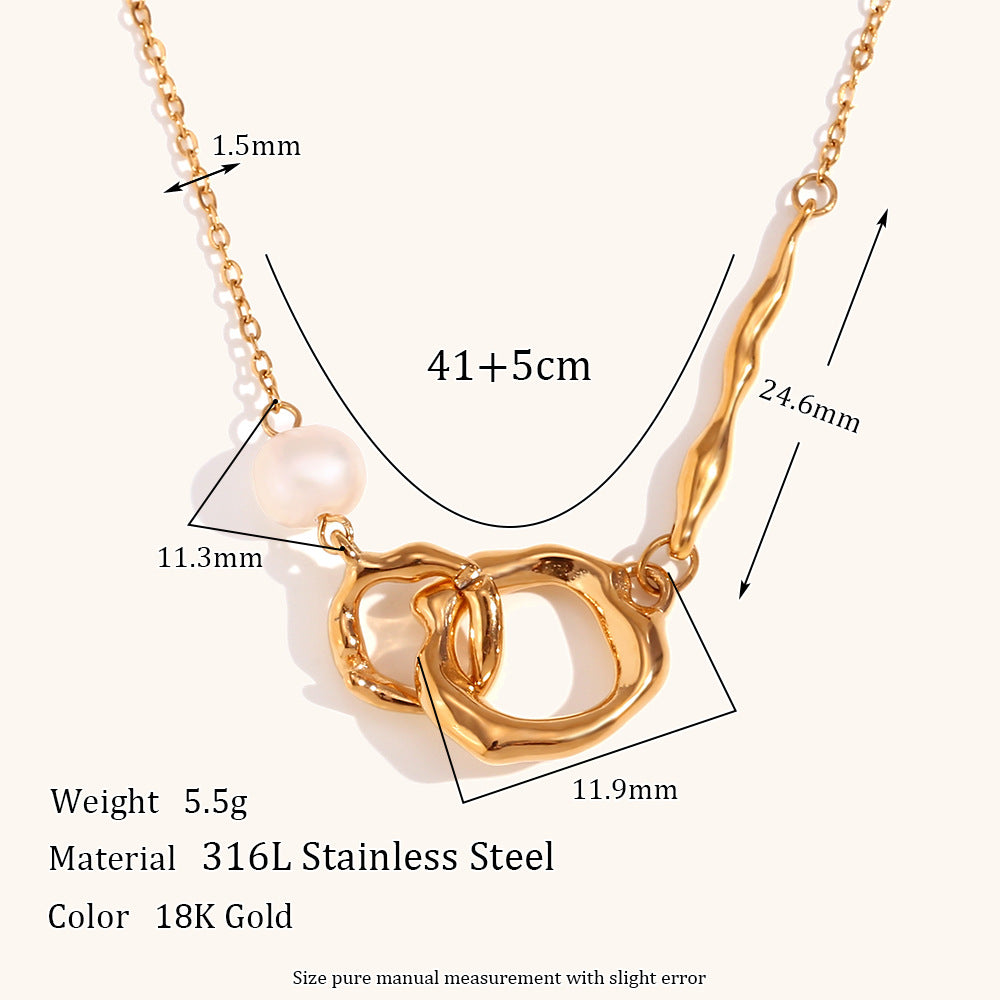 Wholesale Pearl Double Ring Buckle Pendant Necklace Stainless Steel Gold Plated ACC-NE-DingRan002