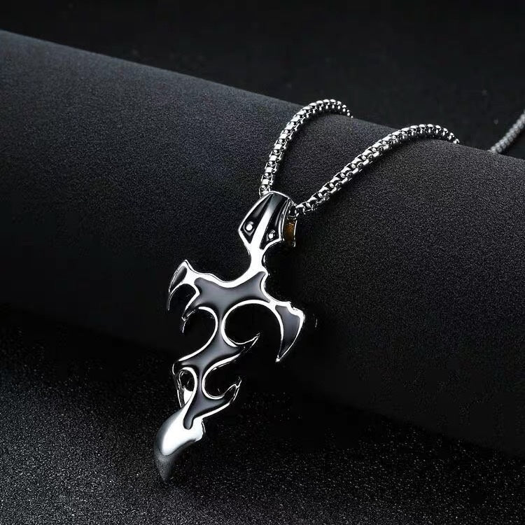 Wholesale Stainless Steel Hip Hop Flame Cross Pendant Necklace for Men