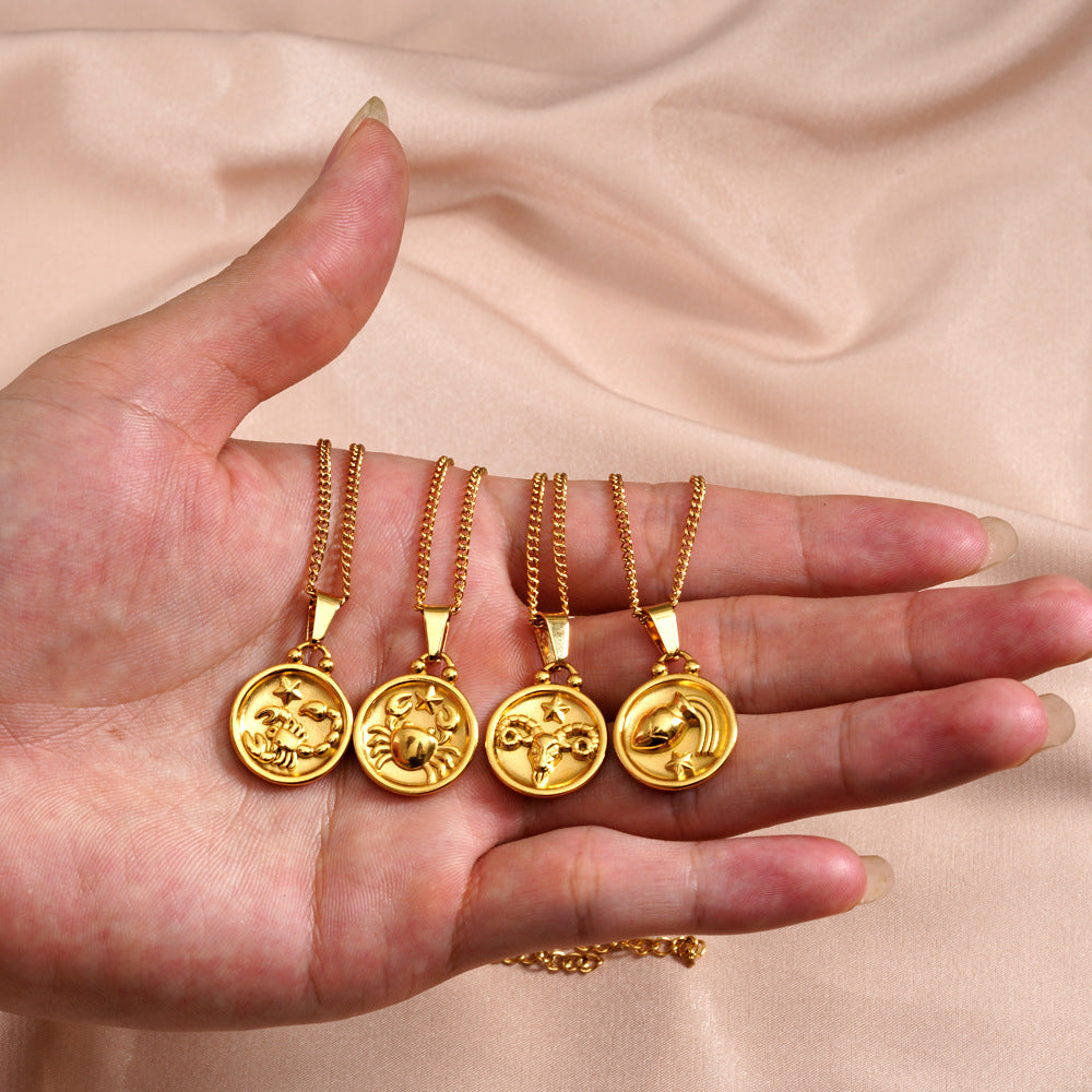 Wholesale  18K gold stainless steel 12 constellation pendant double-sided  necklace