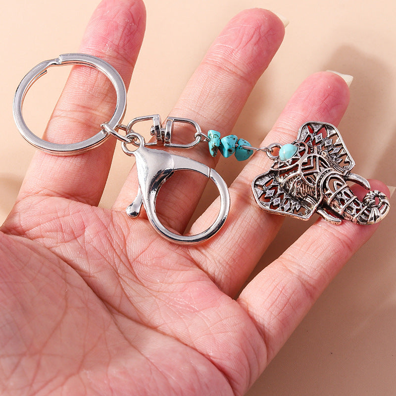 Wholesale  New Fashion Retro Floral Bull Head Keychain Ethnic Style Turquoise Rose Elephant Keychain