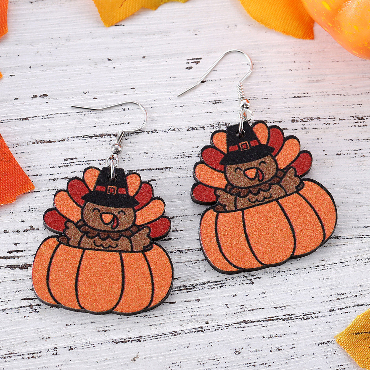 Wholesale Autumn Harvest Thanksgiving Turkey Pumpkin Funny Pendant Wood Earrings