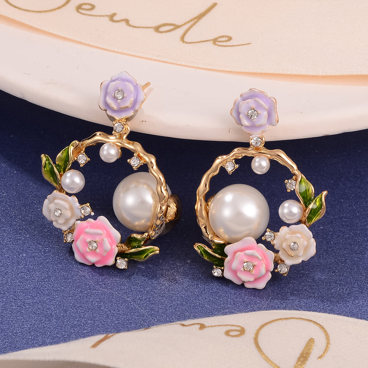 Wholesale Three-Color Rose Pearl Stud Earrings
