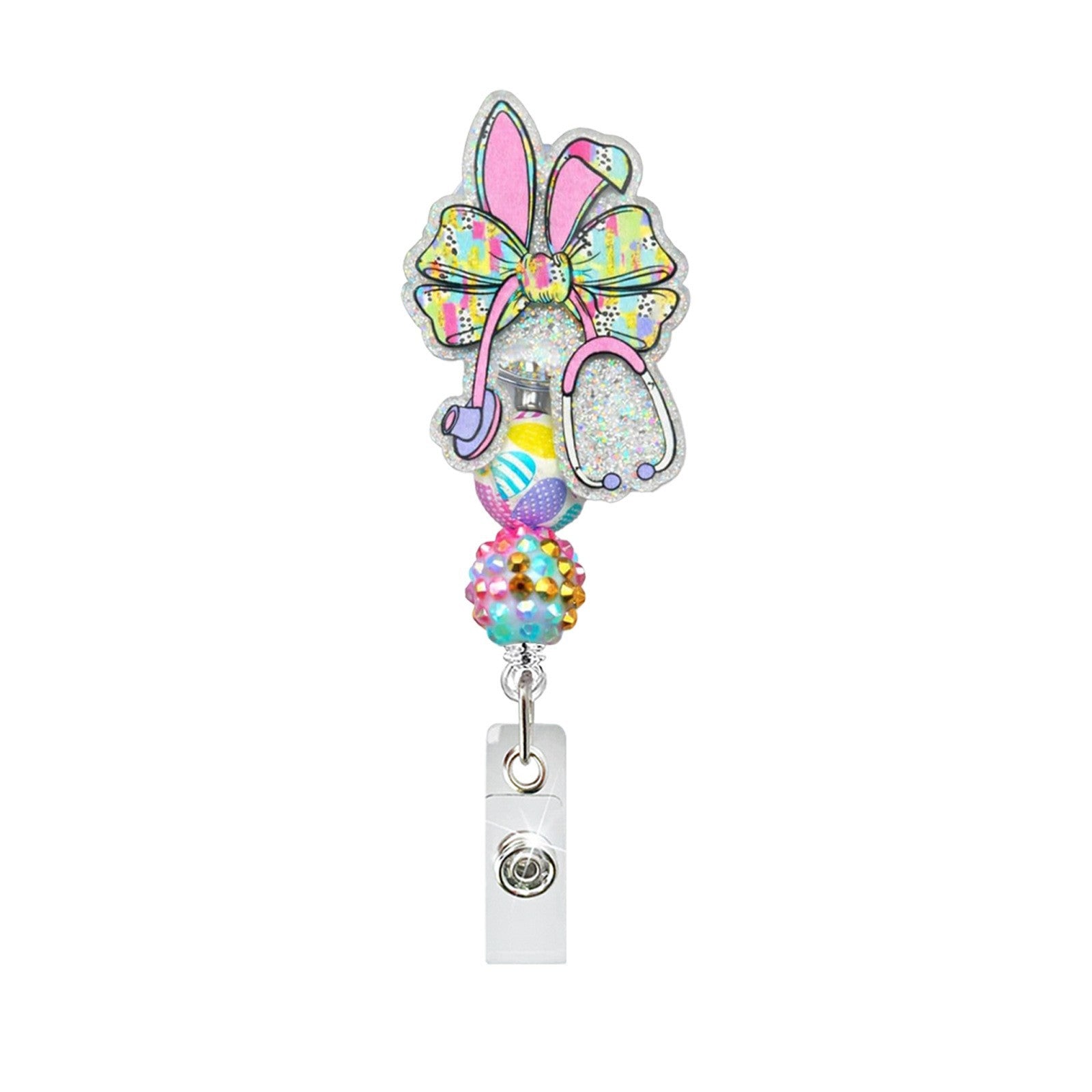Wholesale Pink Acrylic Bowknot Retractable Badge Reel Keychain with Crocodile Clip - Trendy Car Key Accessory