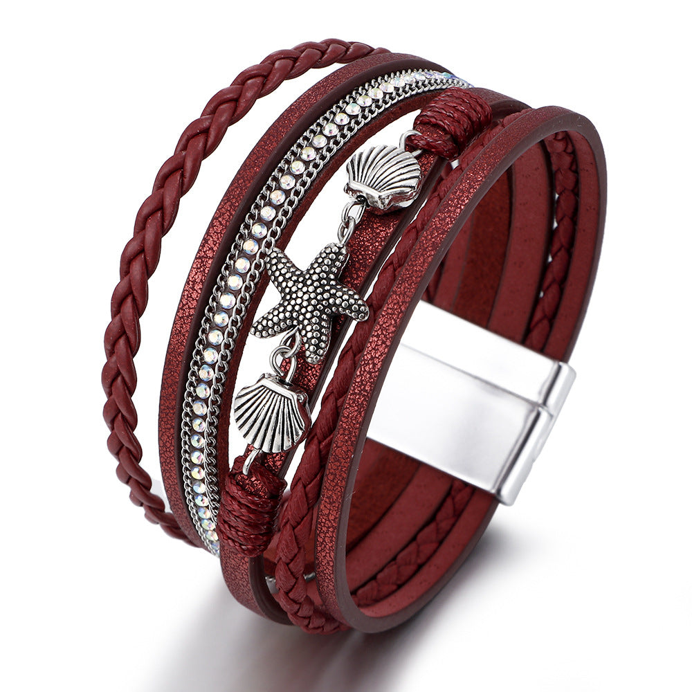 Wholesale Woven Artificial Leather Starfish Shell Bracelet Women S Bohemian Jewelry Accessory