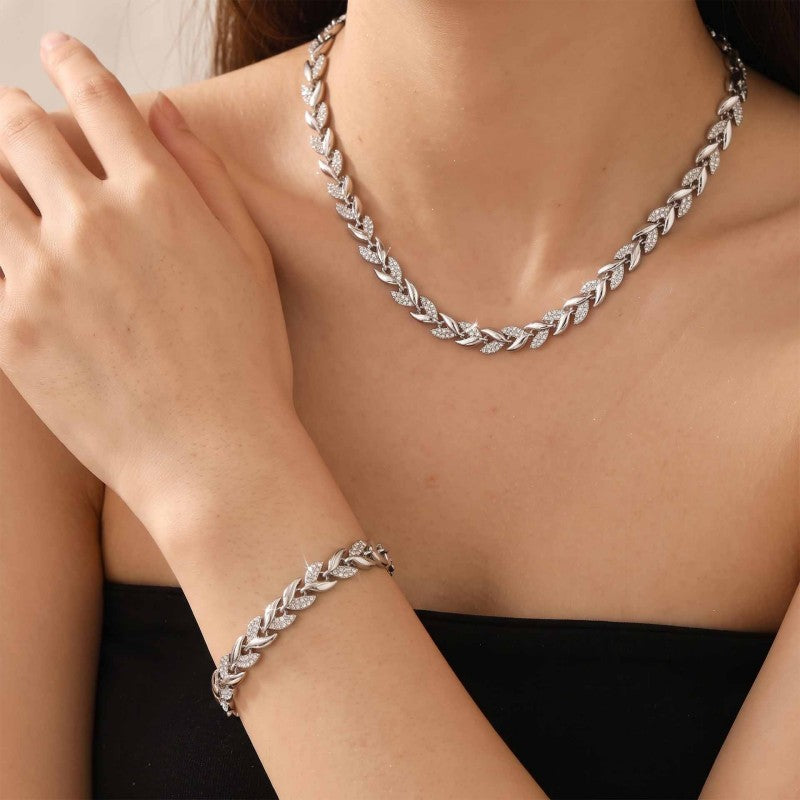 Wholesale Gold Electroplated Alloy Willow Leaf Rhinestone Cuban Chain Bracelet And Necklace Set Hip Hop Fashion Jewelry Accessory