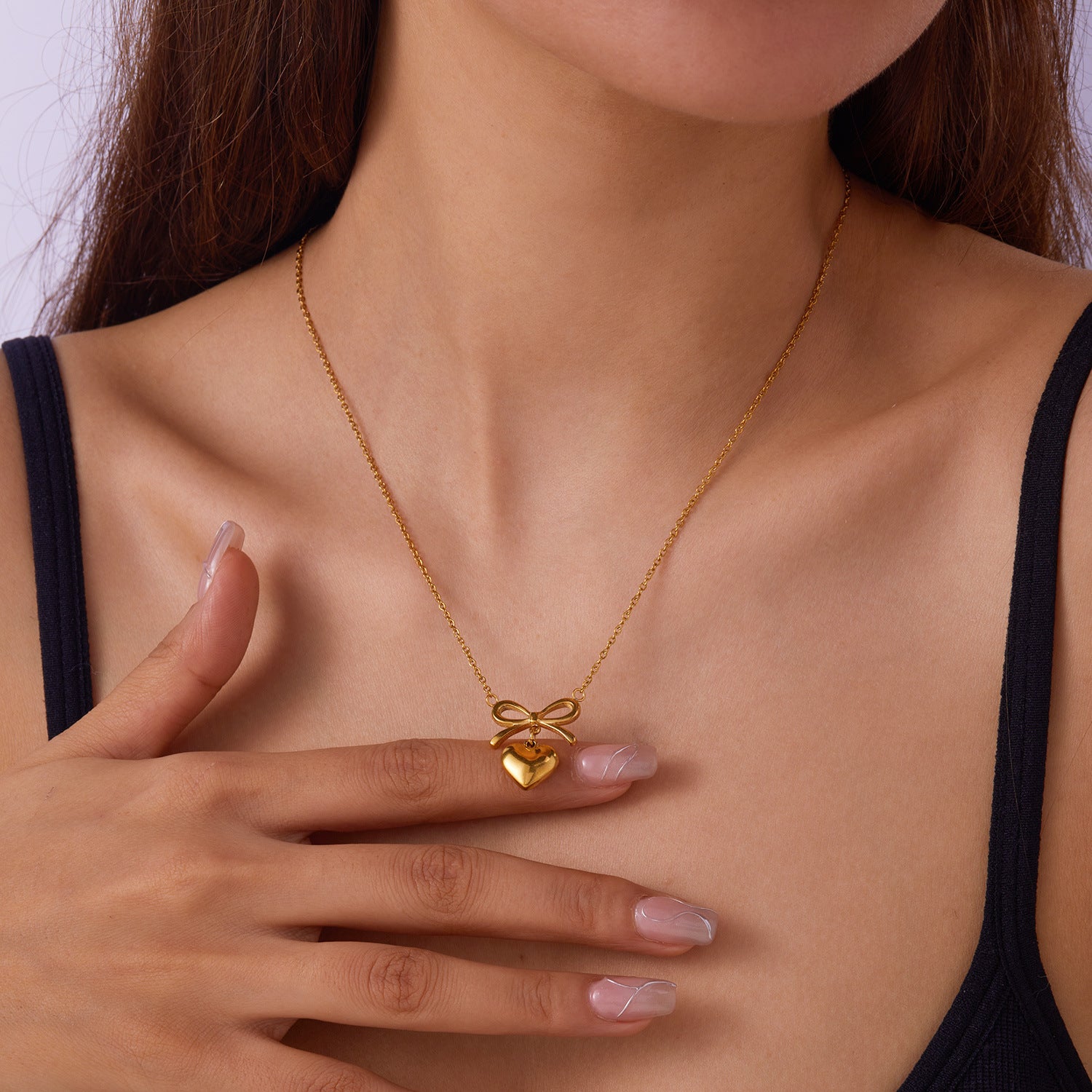 Wholesale  Stainless Steel Hollow Heart-shaped Love Bow Pendant Necklace