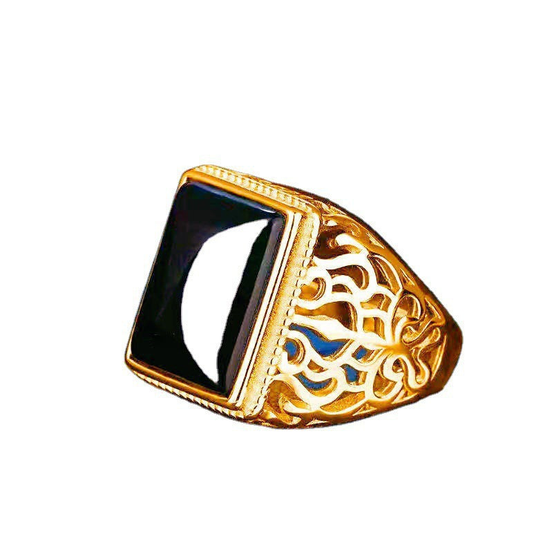 Wholesale Stylish Unisex Imitation Agate Rectangular Gemstone Ring Gold Green Contion Design Fashion Jewelry for Everyday Wear