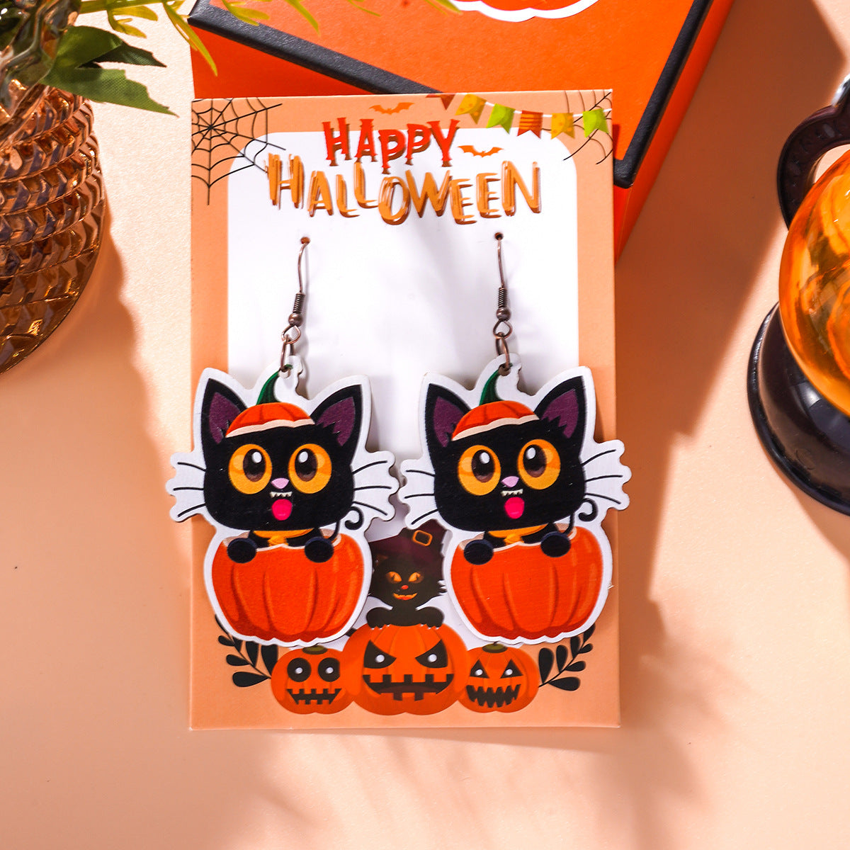 Wholesale Halloween Cartoon Wood Pumpkin Spider Kitten Earrings ACC-ES-Ditong004