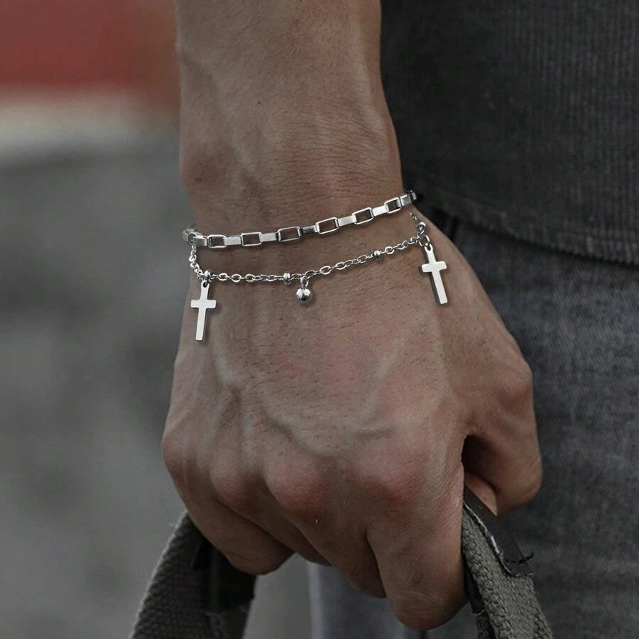 Wholesale European Retro Men' s Double-Layer Cross Bracelet Alloy Chain Round Bead Pendant Fashion Accessory