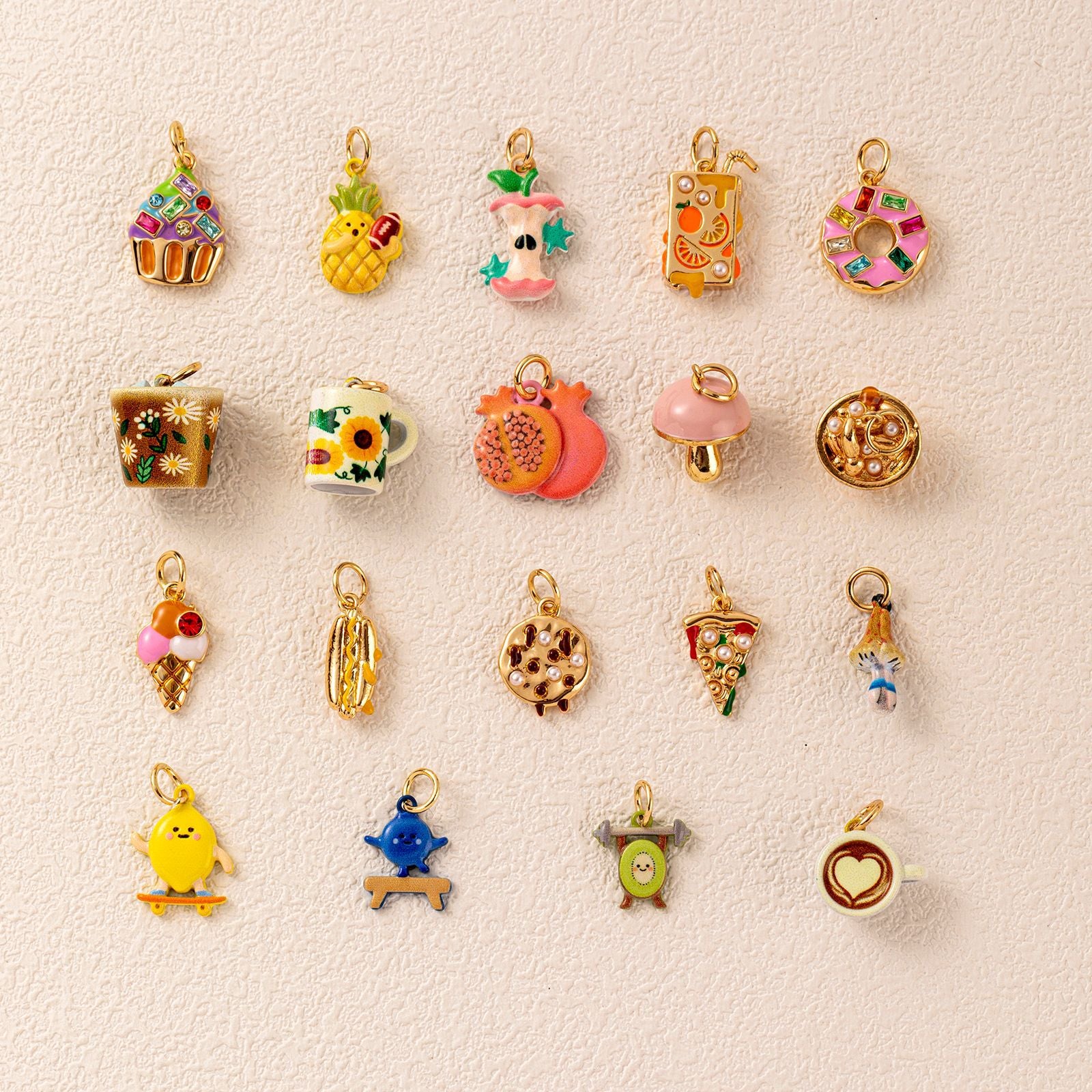 Wholesale Trendy Korean Style Fruit Dessert Pendant Charms Donut Pizza Cake Design Plated Copper DIY Jewelry Accessory For Bracelet Necklace Making Gift Boutique Resale