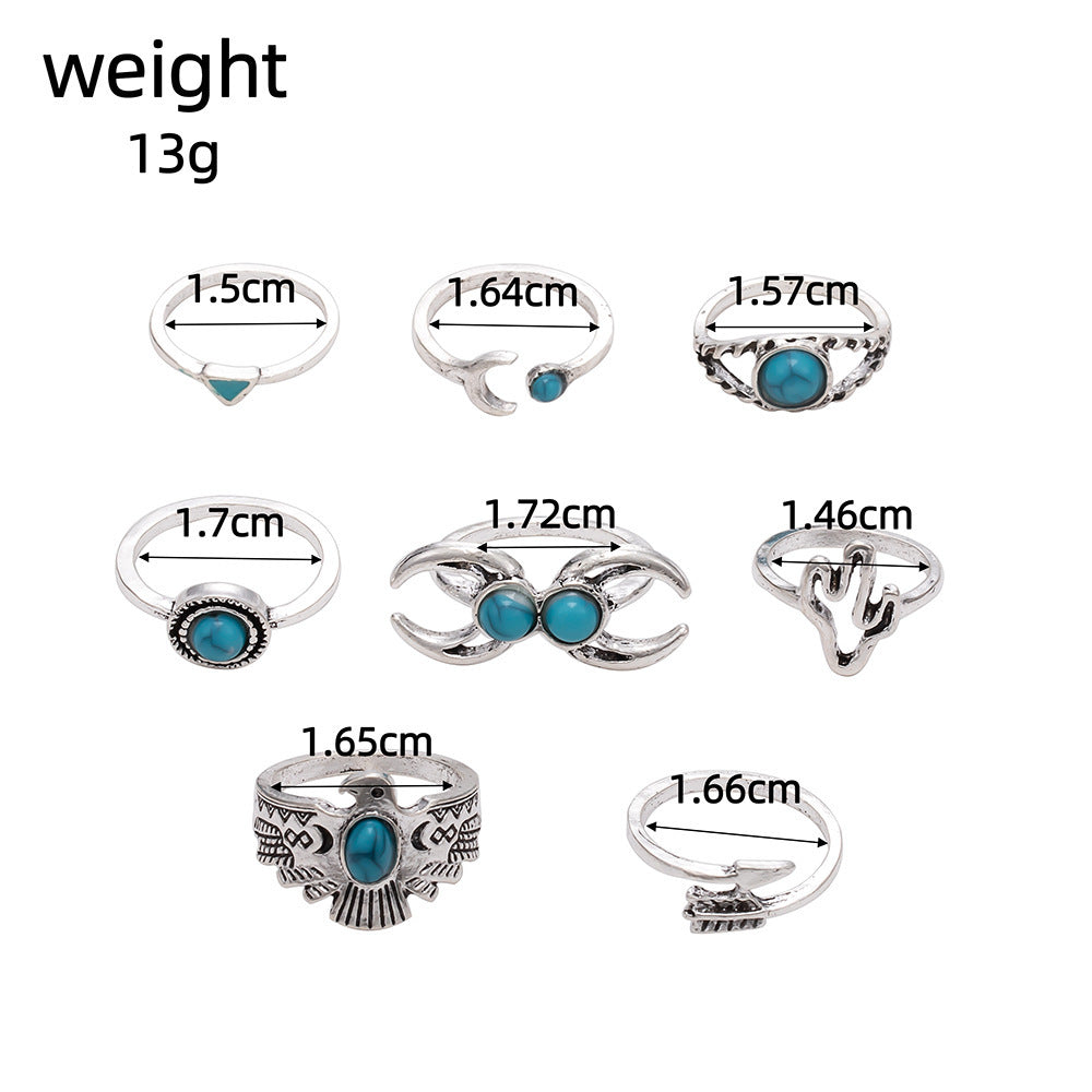 Wholesale Vintage Turquoise Eagle Cactus Moon Arrow 8-Piece Ring Set