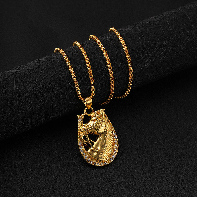 Wholesale  zinc alloy gold plated diamond horse head pendant necklace