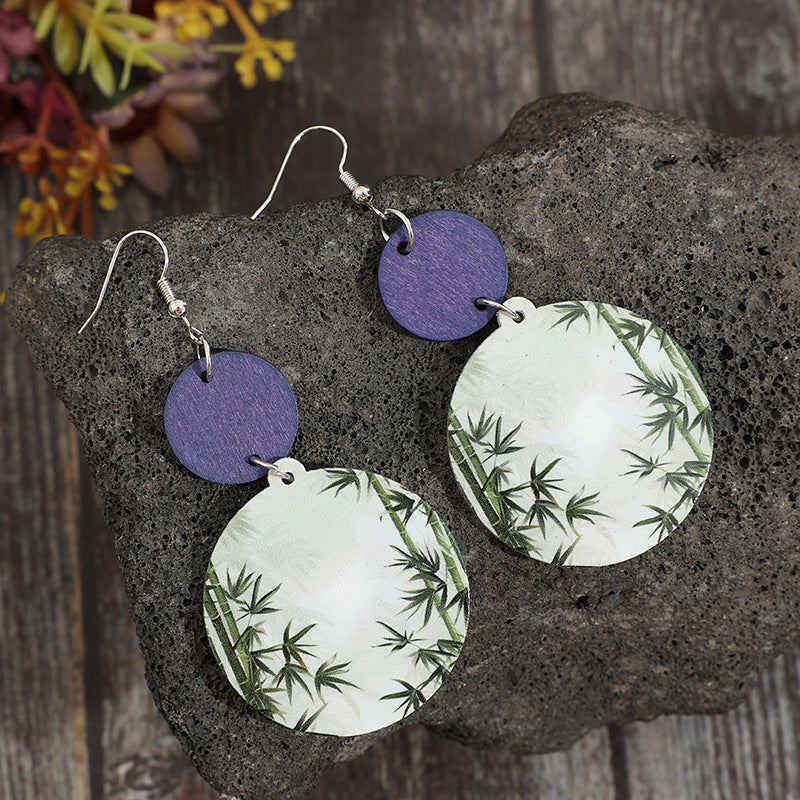 Wholesale Round Printed Bamboo Blue Wood Chip Acrylic Earrings