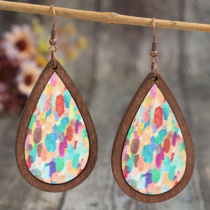 Wholesale Fashion Fresh Wind Drop Shape Wooden Frame Printing Color Spot Women Wooden Earrings Earrings Batch