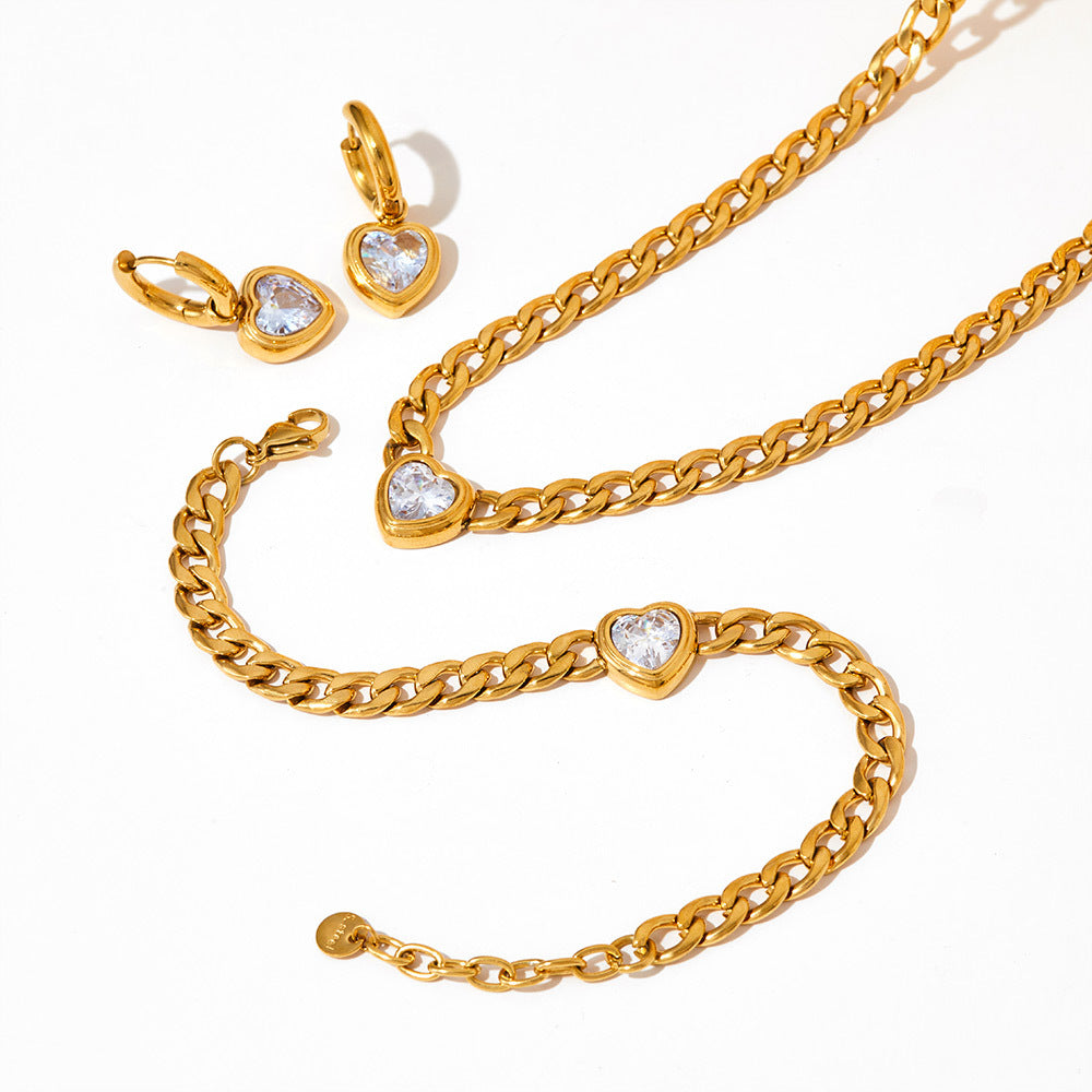 Wholesale Stainless steel heart-shaped zircon pendant necklace bracelet earrings jewelry suit