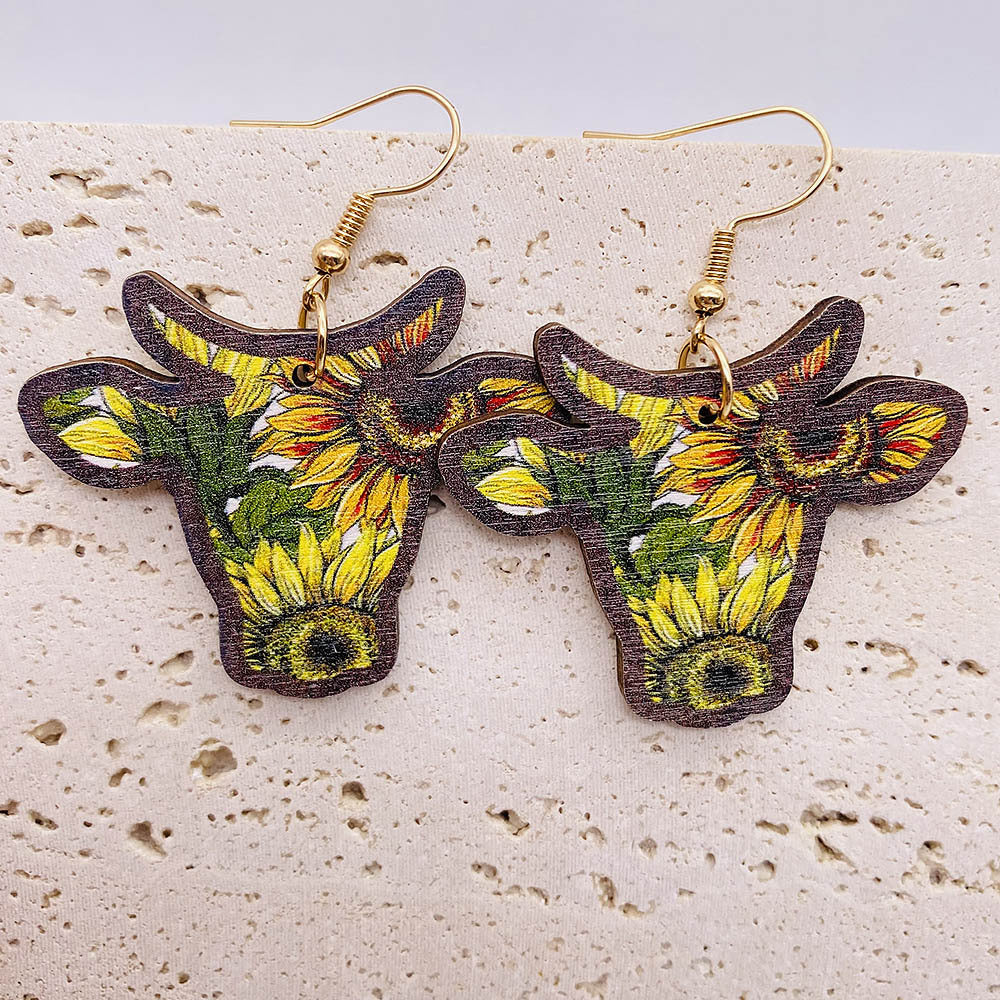 Wholesale Retro Wooden Western Bull Skull  Sunflower and Bohemian-Style Earrings